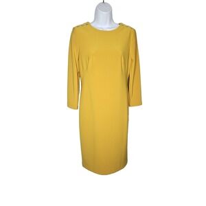 Lauren Ralph‎ Lauren Yellow Sheath Dress 4 Gold Button Shoulder Career Midi